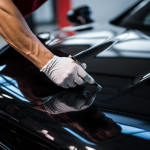 A car owner polishing swirl marks out of the hood of his black sports car