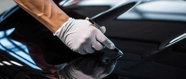 A car owner polishing swirl marks out of the hood of his black sports car