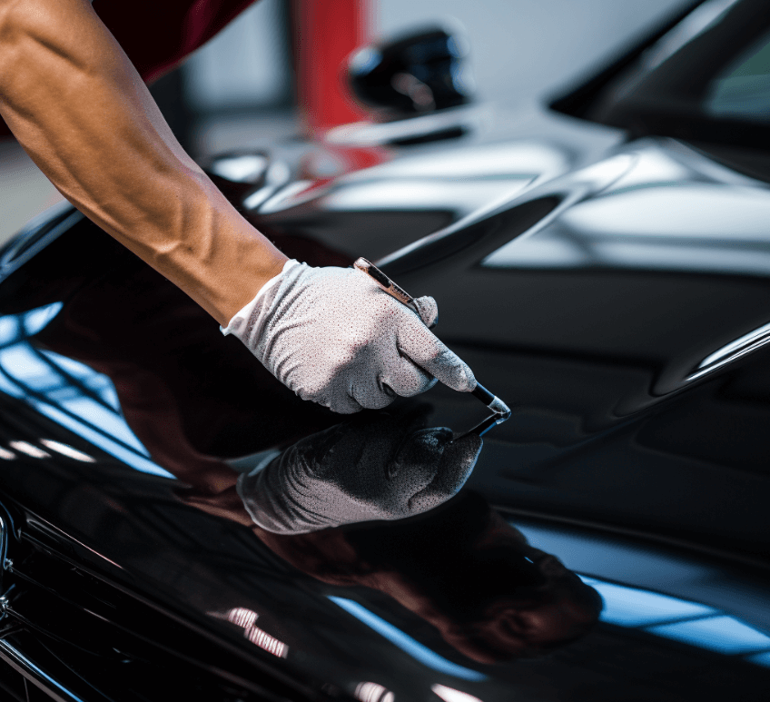 A car owner polishing swirl marks out of the hood of his black sports car